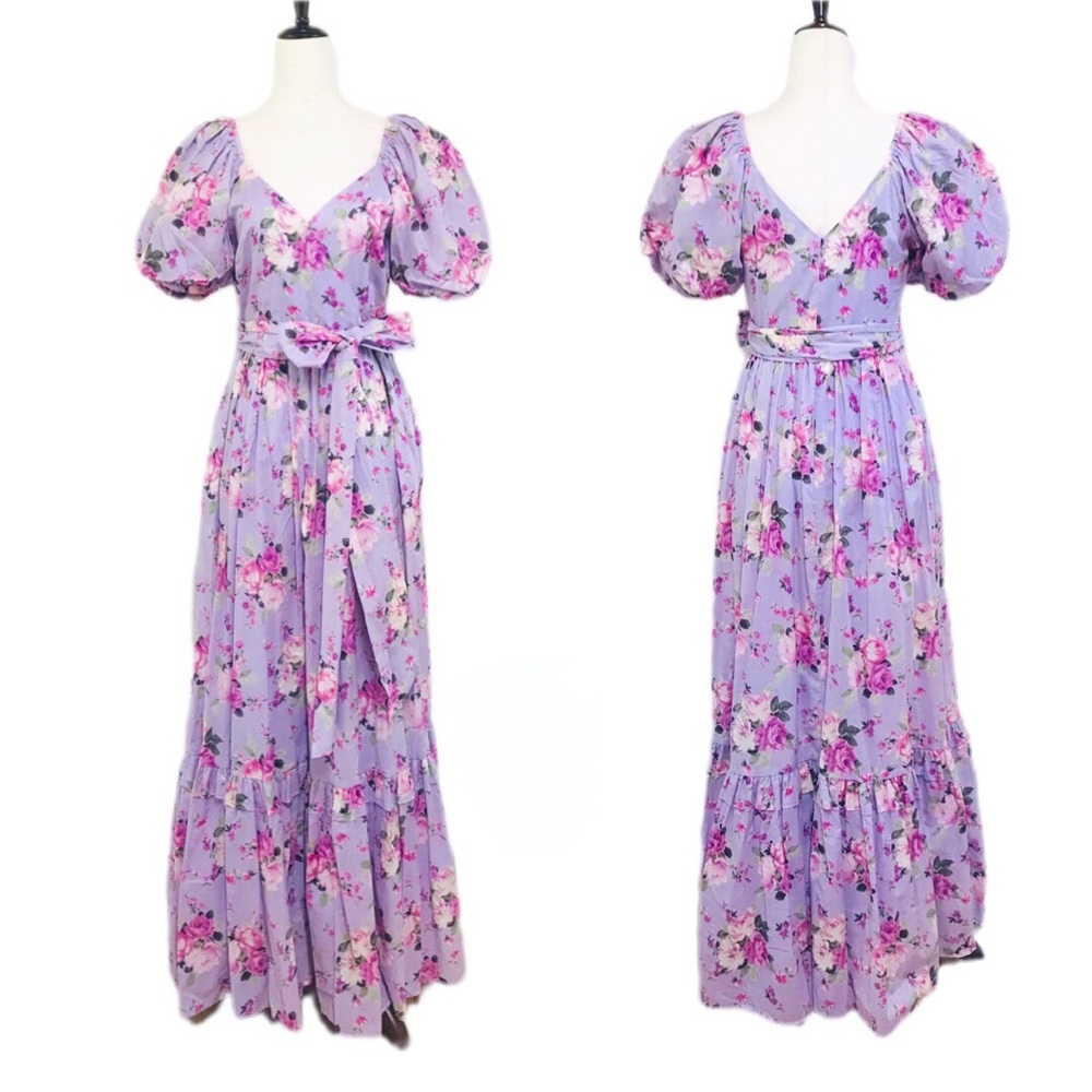 CHELSEA & VIOLET Purple Floral Print Maxi‎ Dress Tiered Puff Sleeve Wedding XS